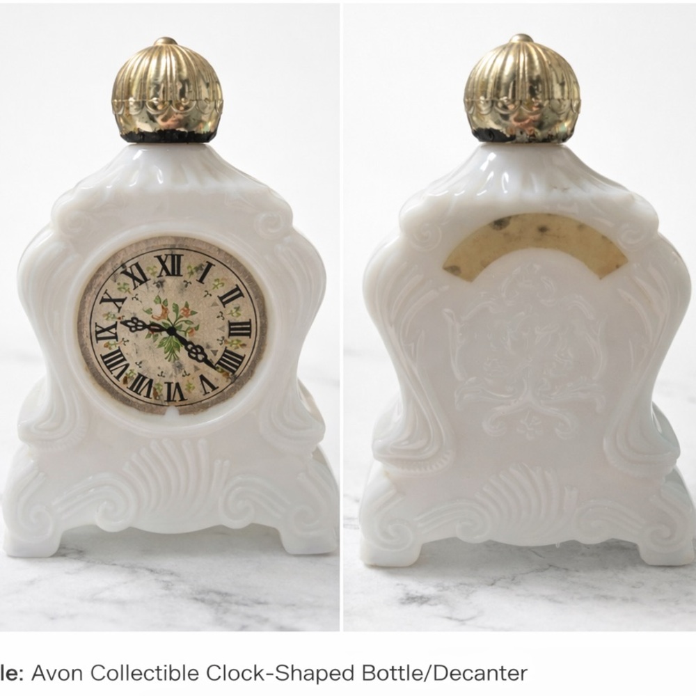 Avon white milk-glass “mantel clock” decanter/bottle,